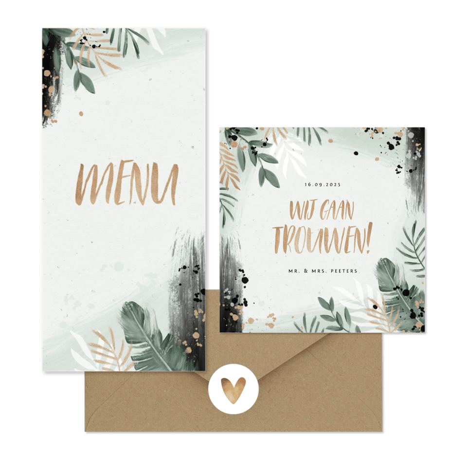 Trendy trouwset botanisch goud met waterverf