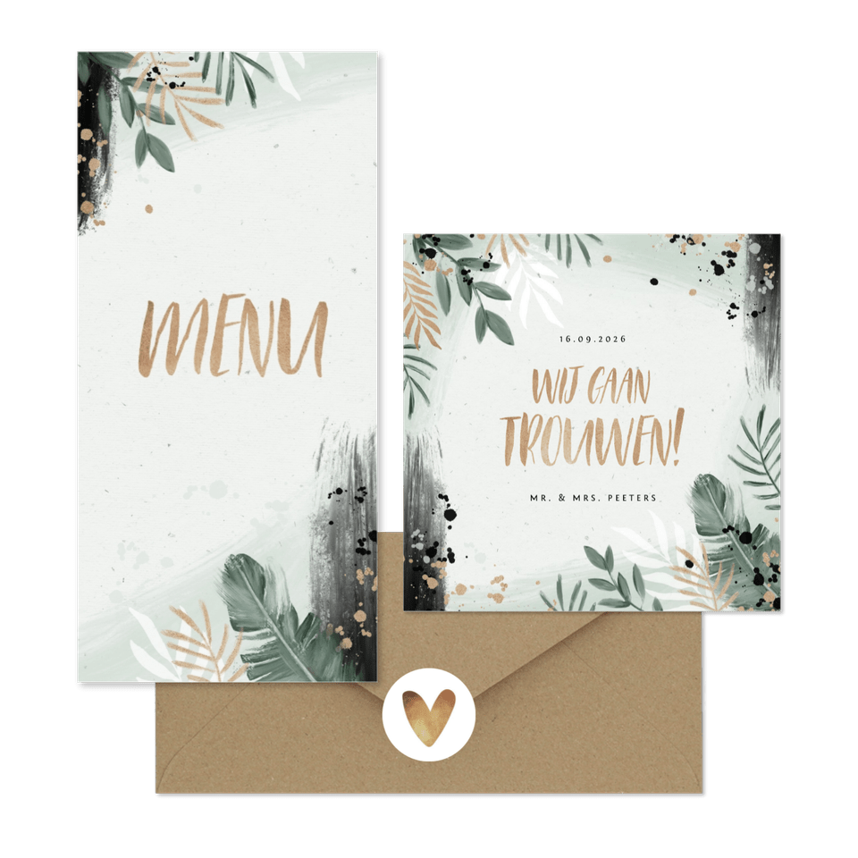 Trendy trouwset botanisch goud met waterverf