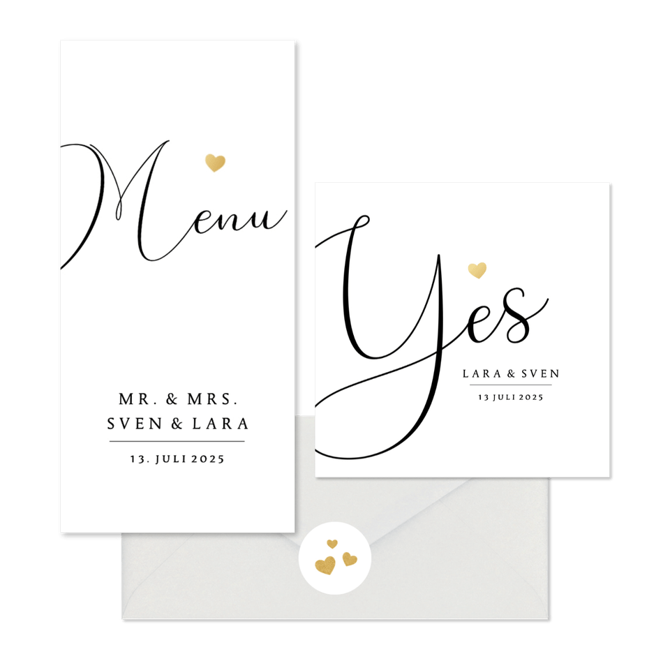 Trouwkaarten set stijlvol gouden hartje