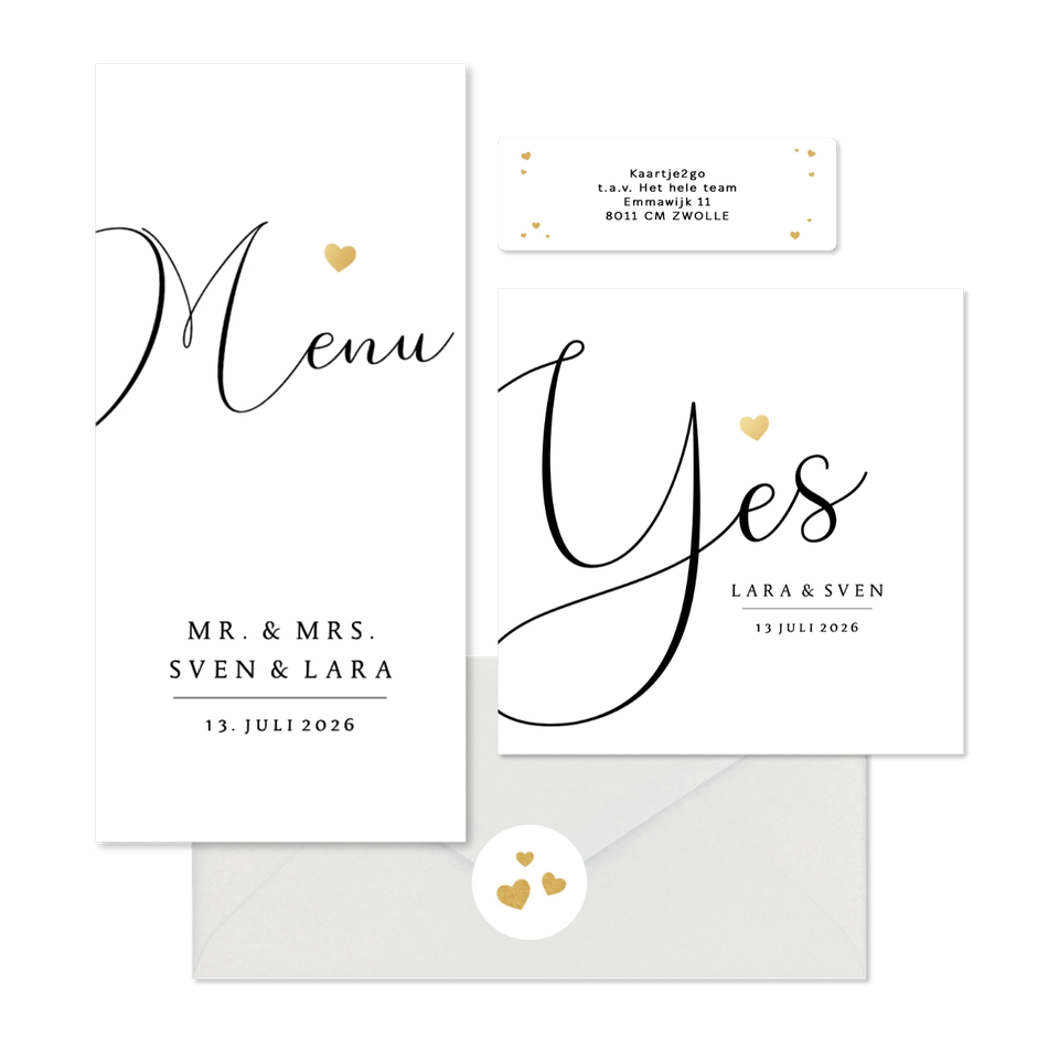 Trouwkaarten set stijlvol gouden hartje