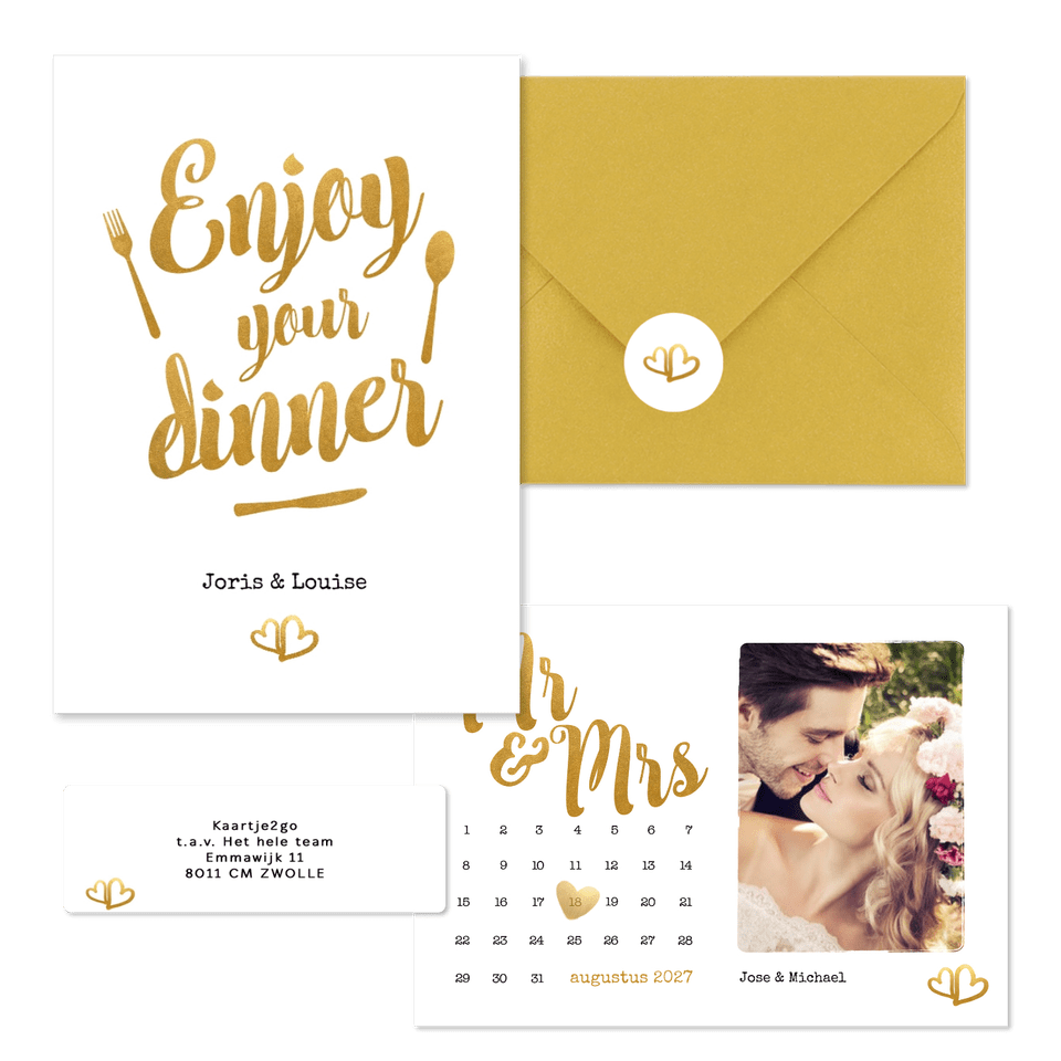 Trouwset met gouden typografie en kalenders