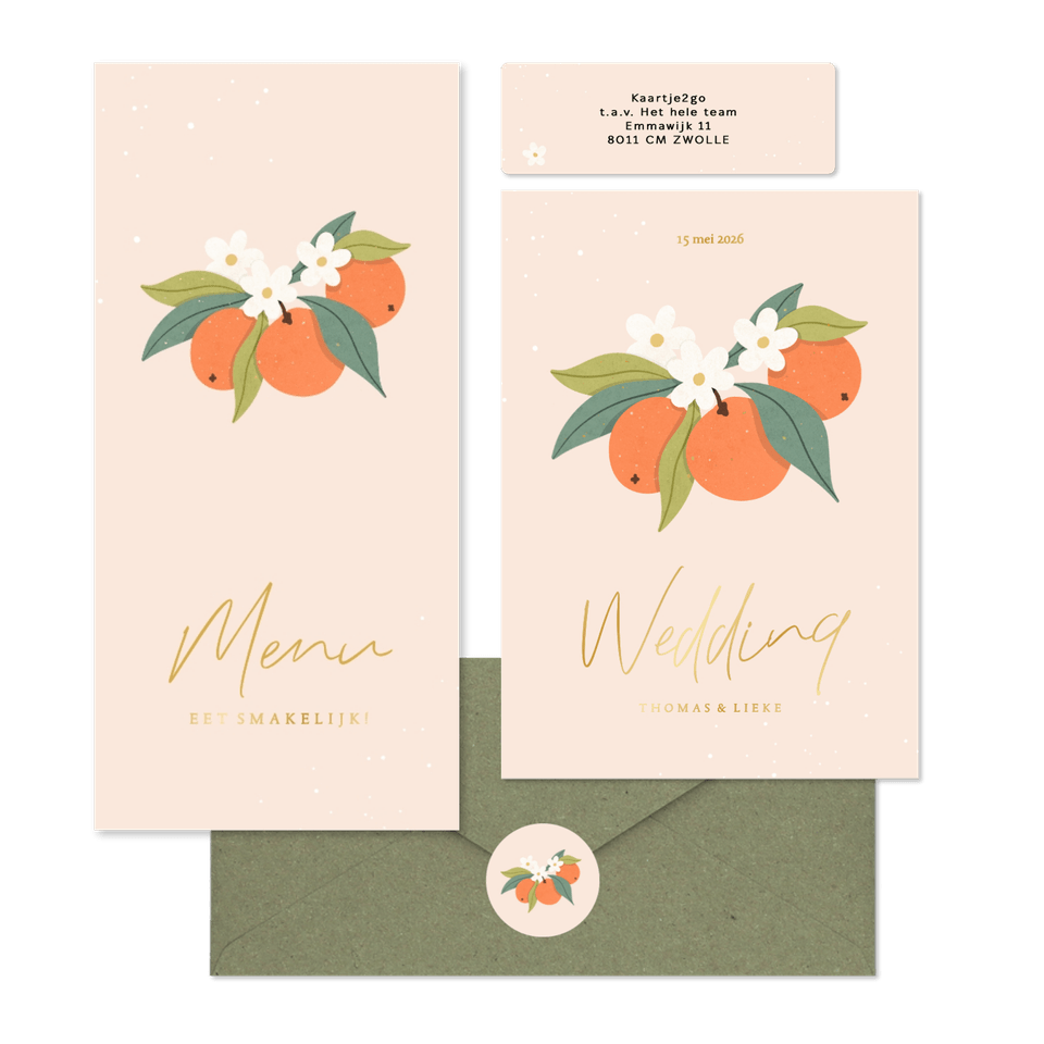 Zomerse trouwset met sinaasappels en goudfolie