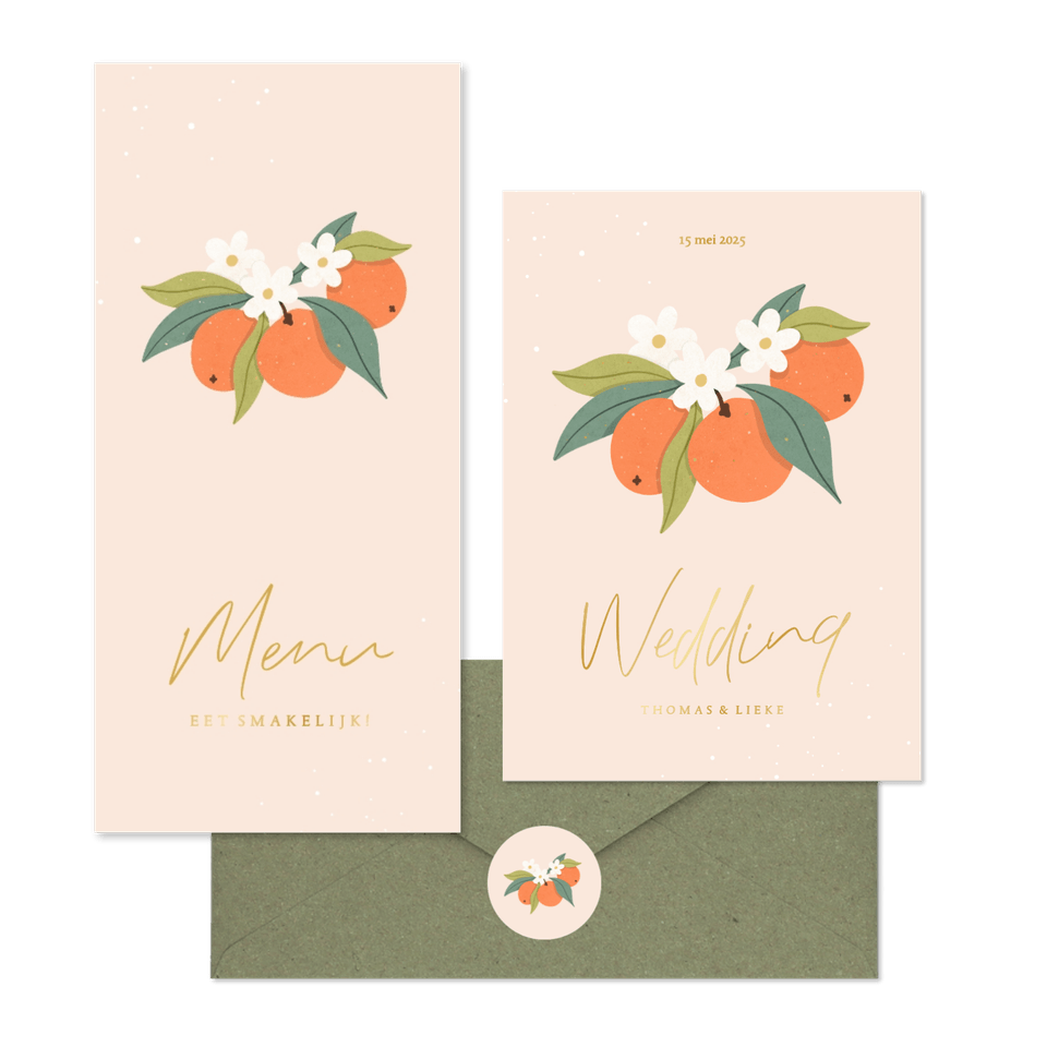 Zomerse trouwset met sinaasappels en goudfolie