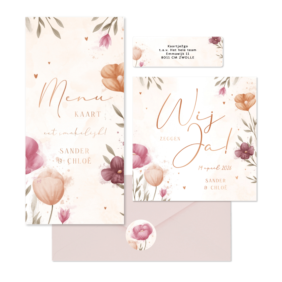 Trouwset waterverf bloemen en koperen hartjes