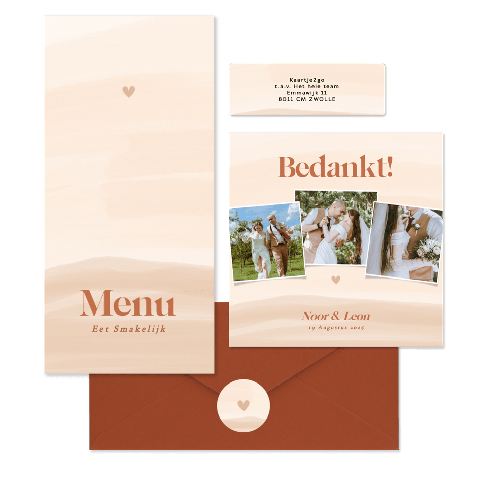 Waterverf trouwkaartenset in beige oranje tinten
