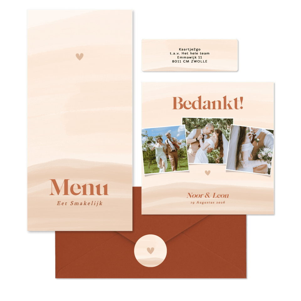 Waterverf trouwkaartenset in beige oranje tinten
