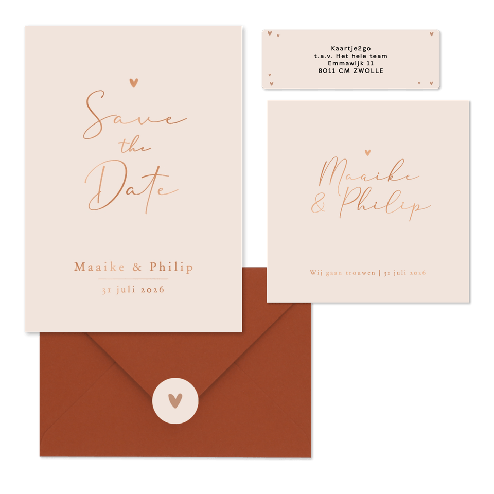 Trouwkaarten set stijlvol goud minimalistisch romantisch hartje koper.