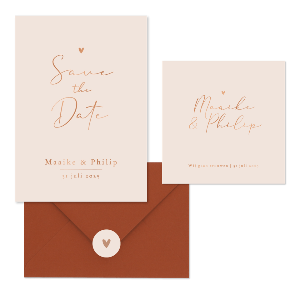 Trouwkaarten set stijlvol goud minimalistisch romantisch hartje koper.