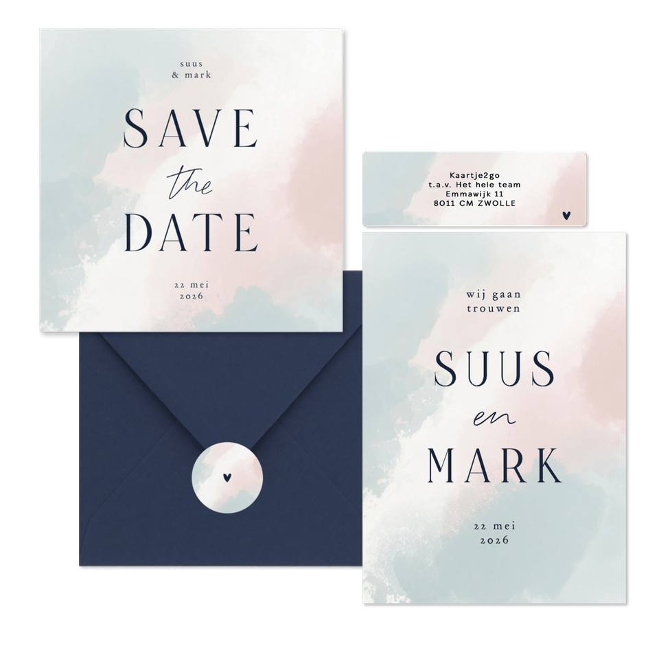 Trouwen minimalistisch waterverf roze blauw wit