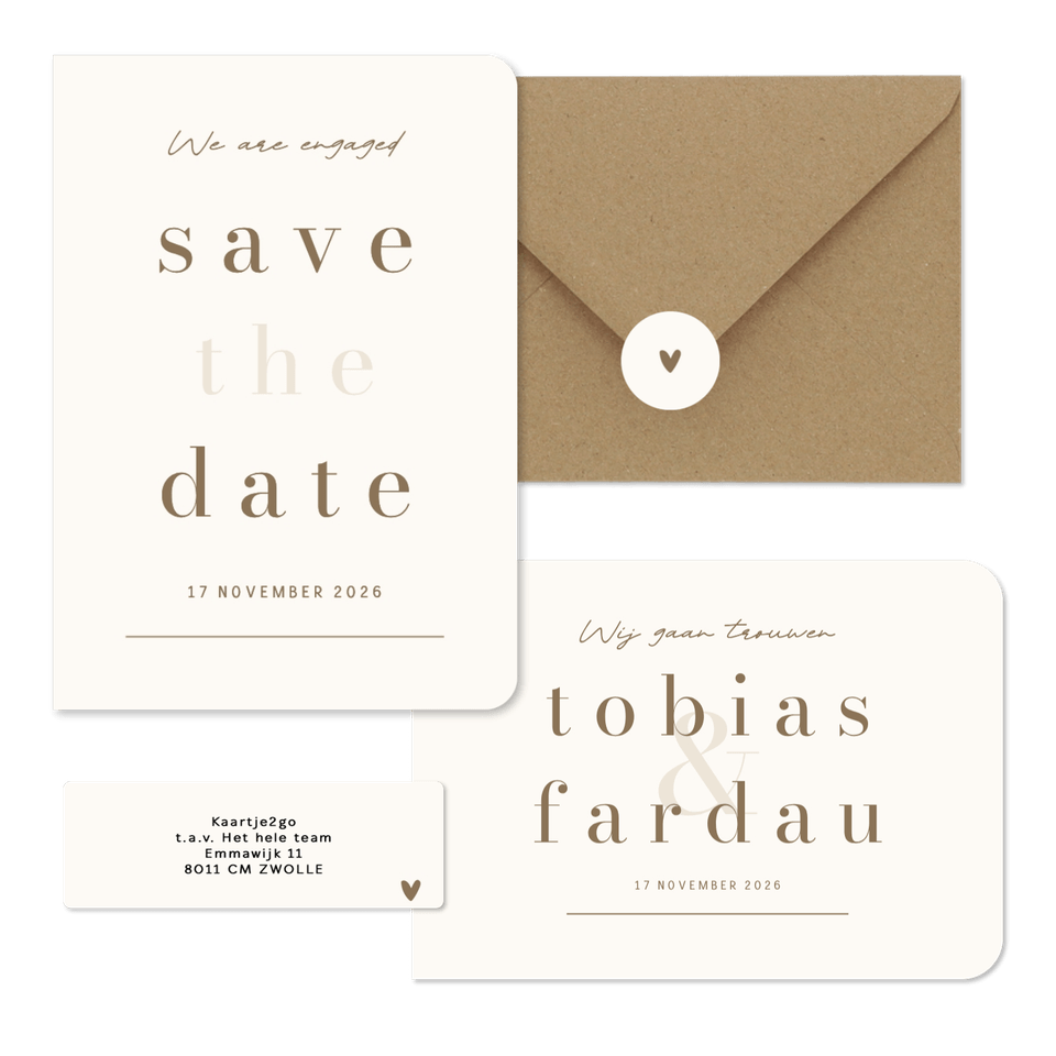 Minimalistische trouwkaart beige met bruin streep