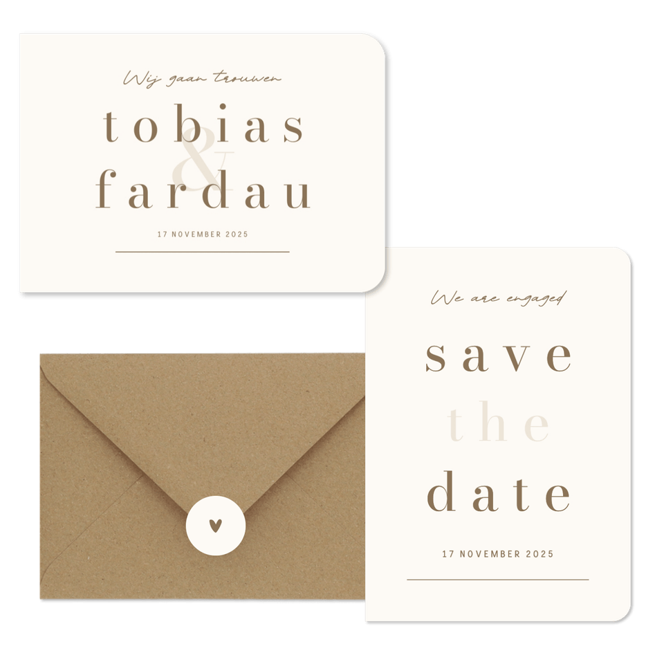 Minimalistische trouwkaart beige met bruin streep