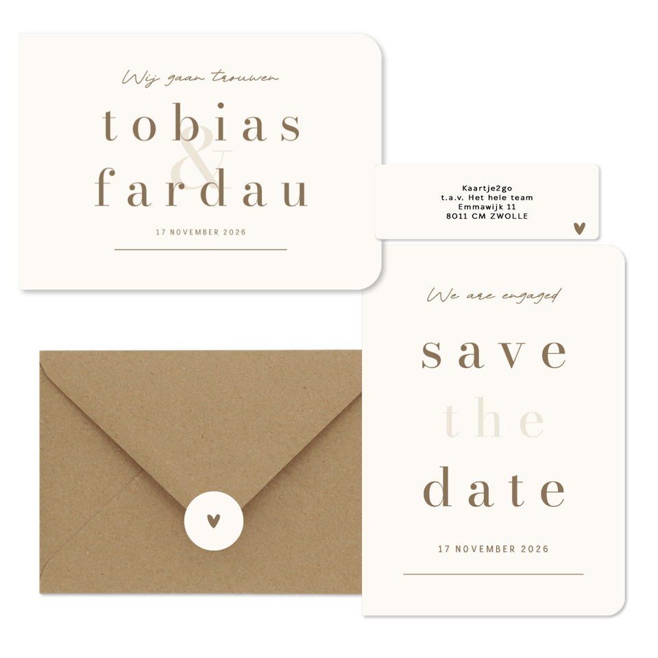 Minimalistische trouwkaart beige met bruin streep