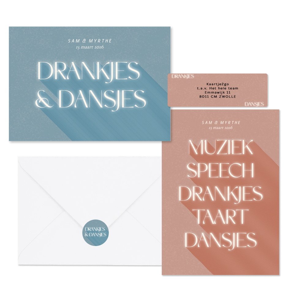 Trouwset drankjes & dansjes in roze en blauw