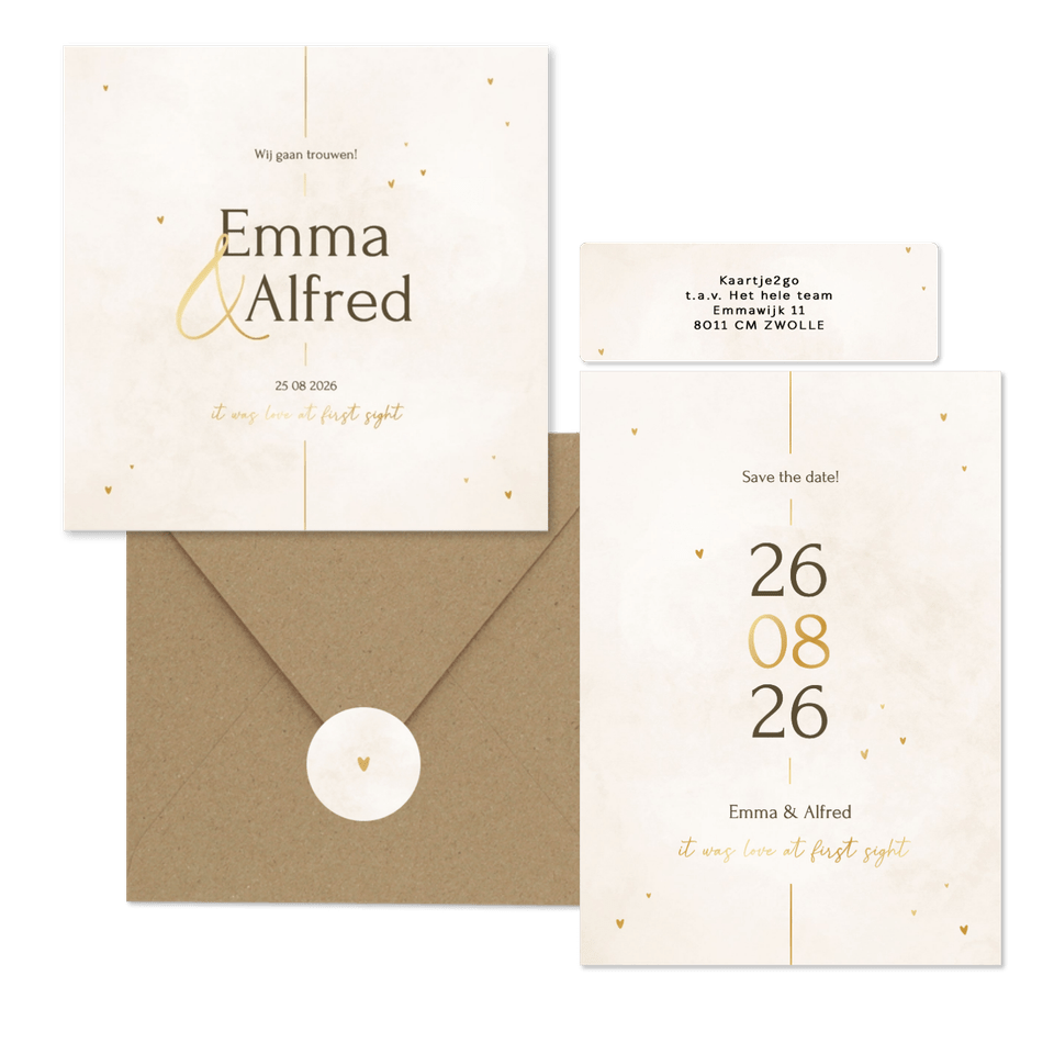 Minimalistische trouwset met gouden details