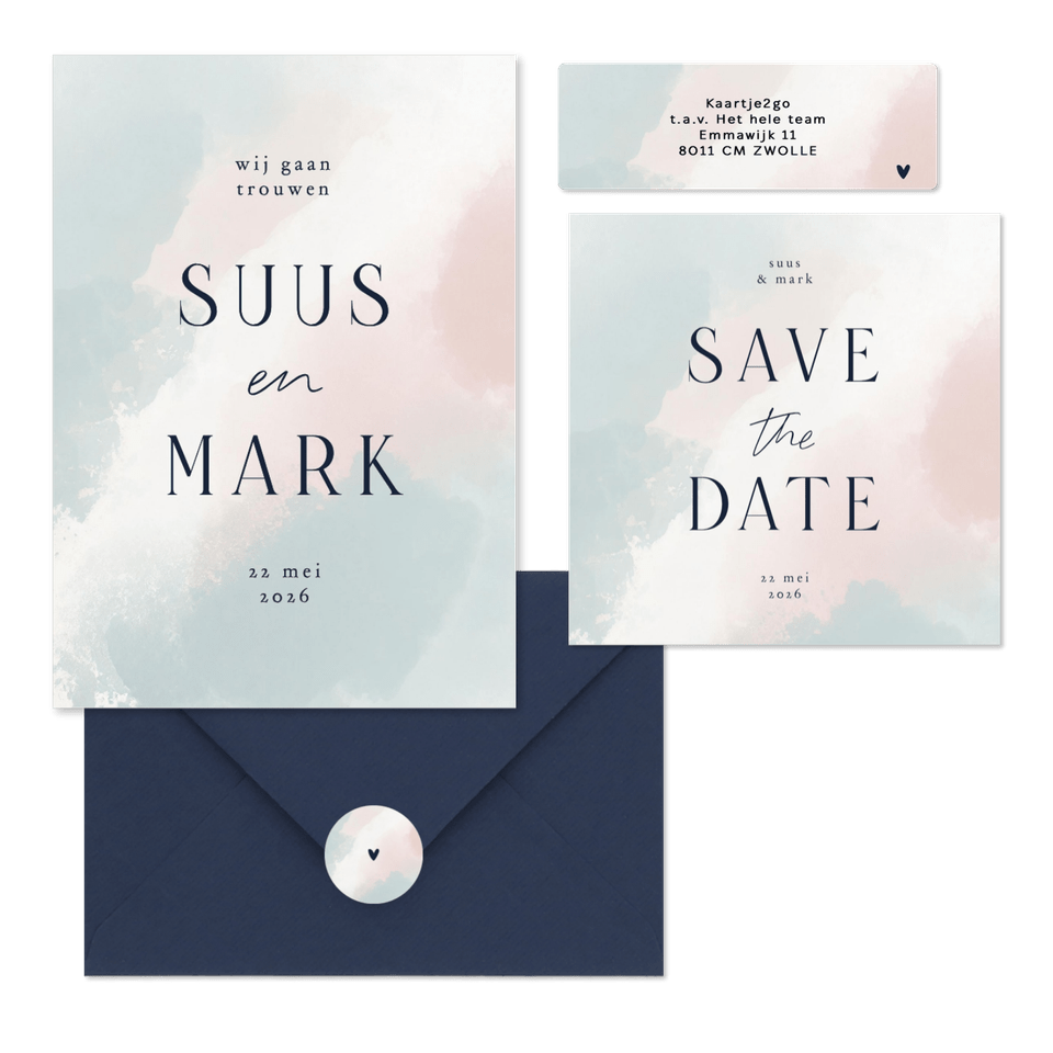 Trouwen minimalistisch waterverf roze blauw wit