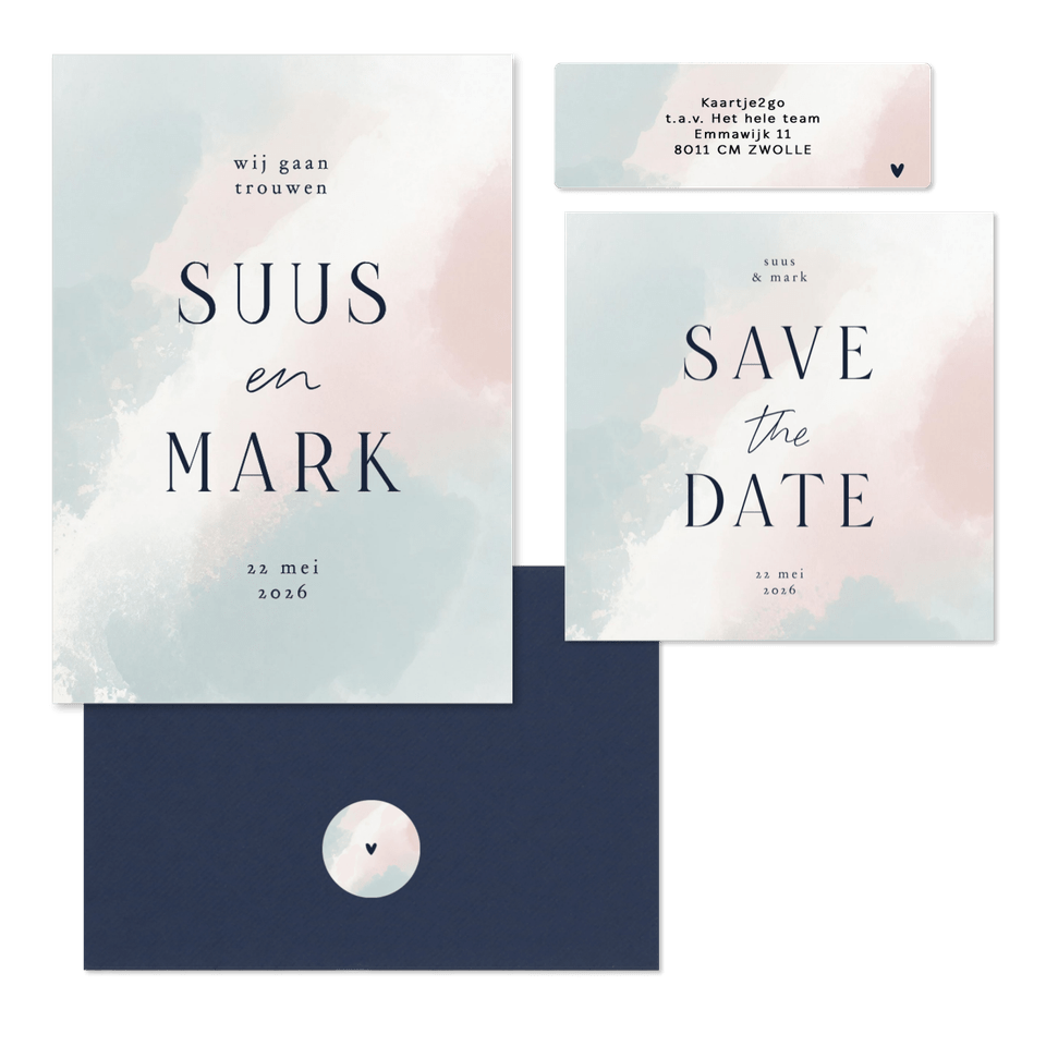 Trouwen minimalistisch waterverf roze blauw wit