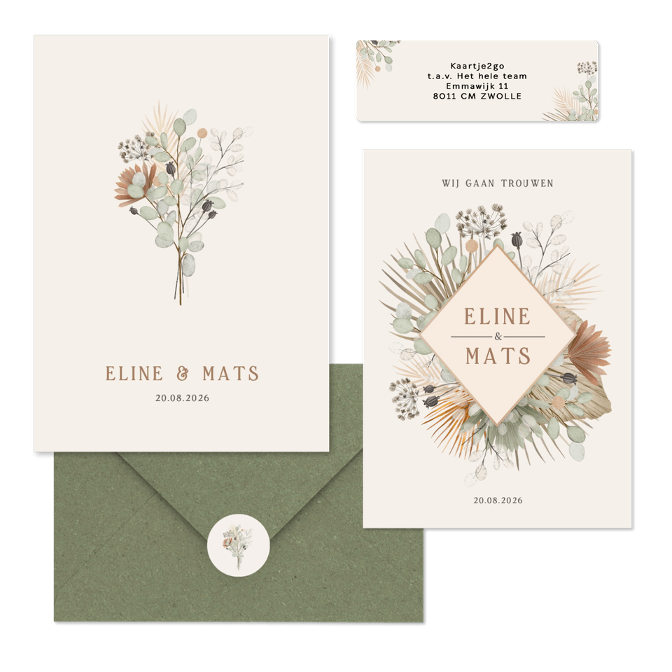 Trouwset bohemian met droogbloemen