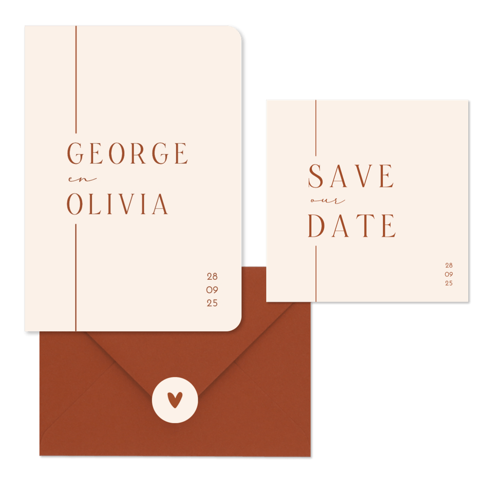 Trouwset minimalistische beige met terracotta lijn