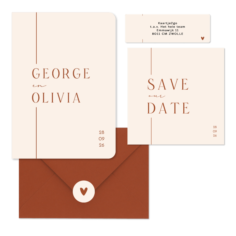 Trouwset minimalistische beige met terracotta lijn