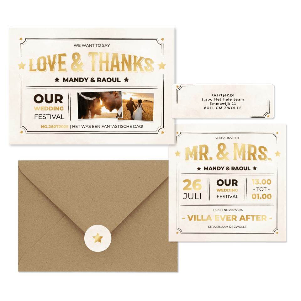 Moderne trouwset ticket vintage stijl met goud