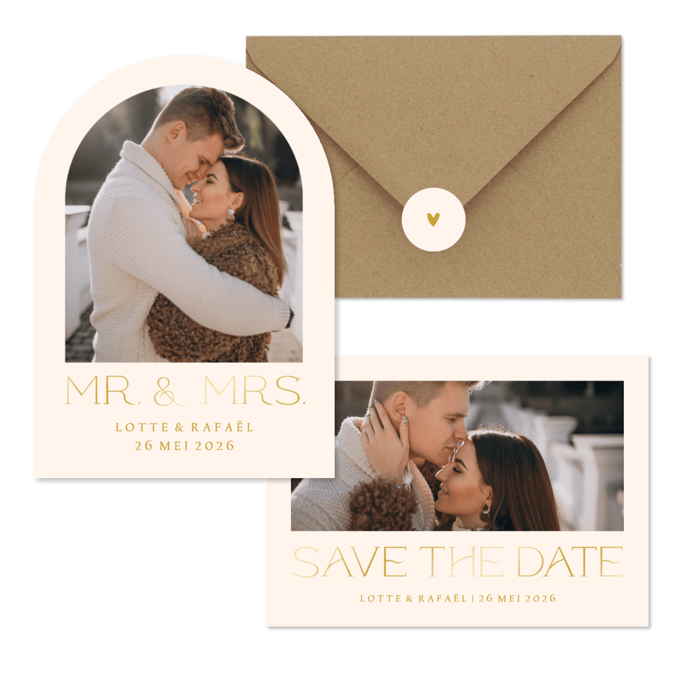 Simpele trouwset met foto en goudfolie