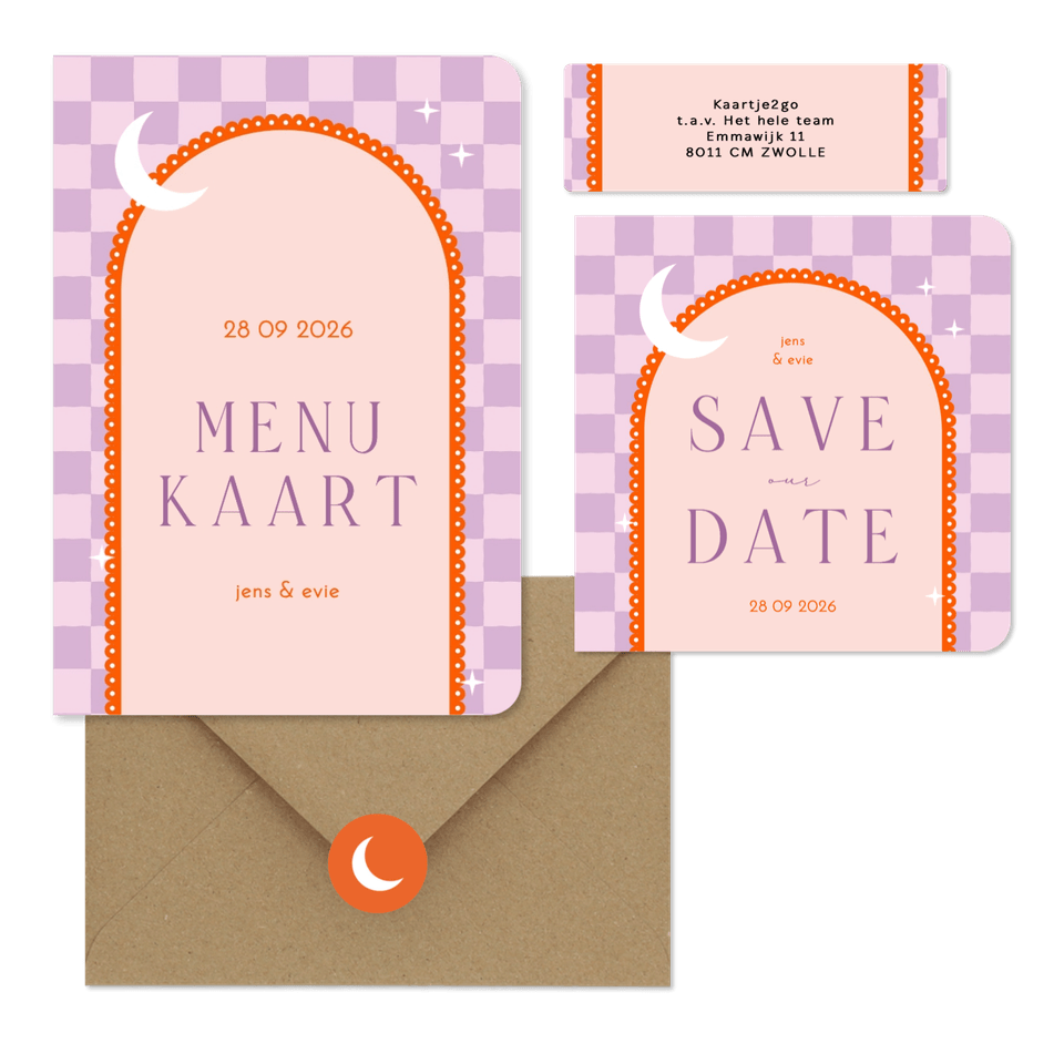 Moderne trouwset met lila ruitjes en oranje boog met maan