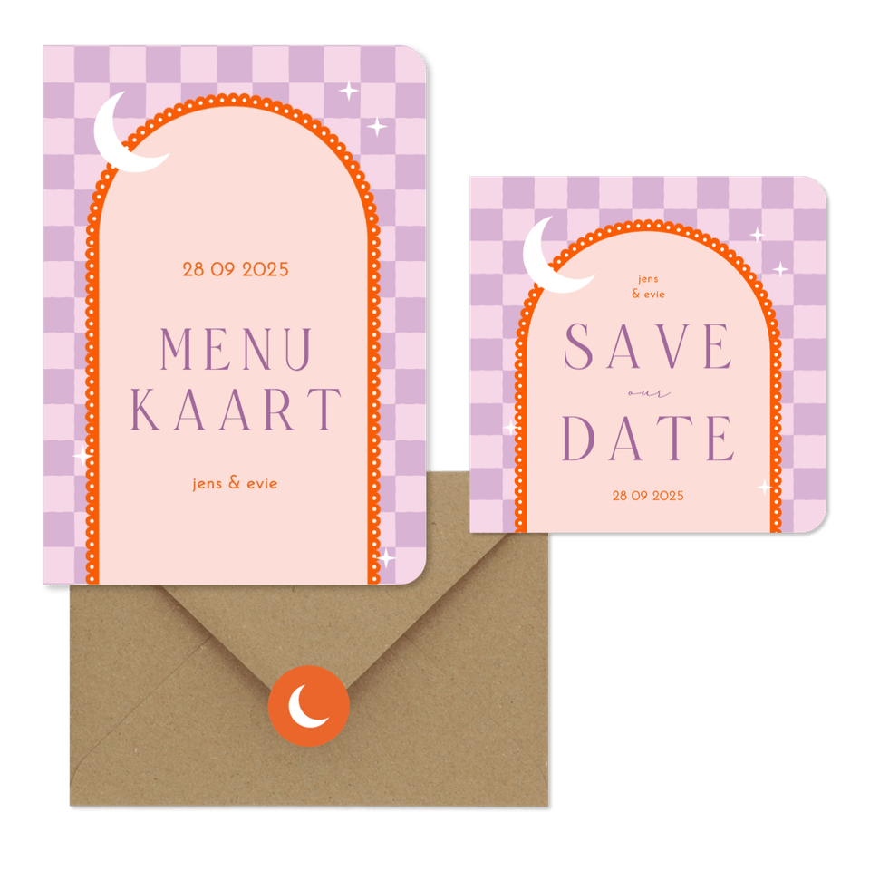 Moderne trouwset met lila ruitjes en oranje boog met maan