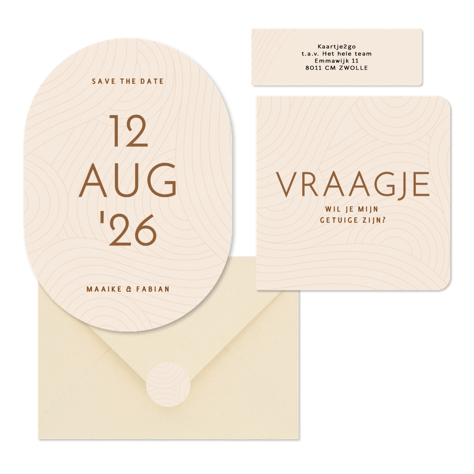 Moderne beige trouwset met golvende lijnen