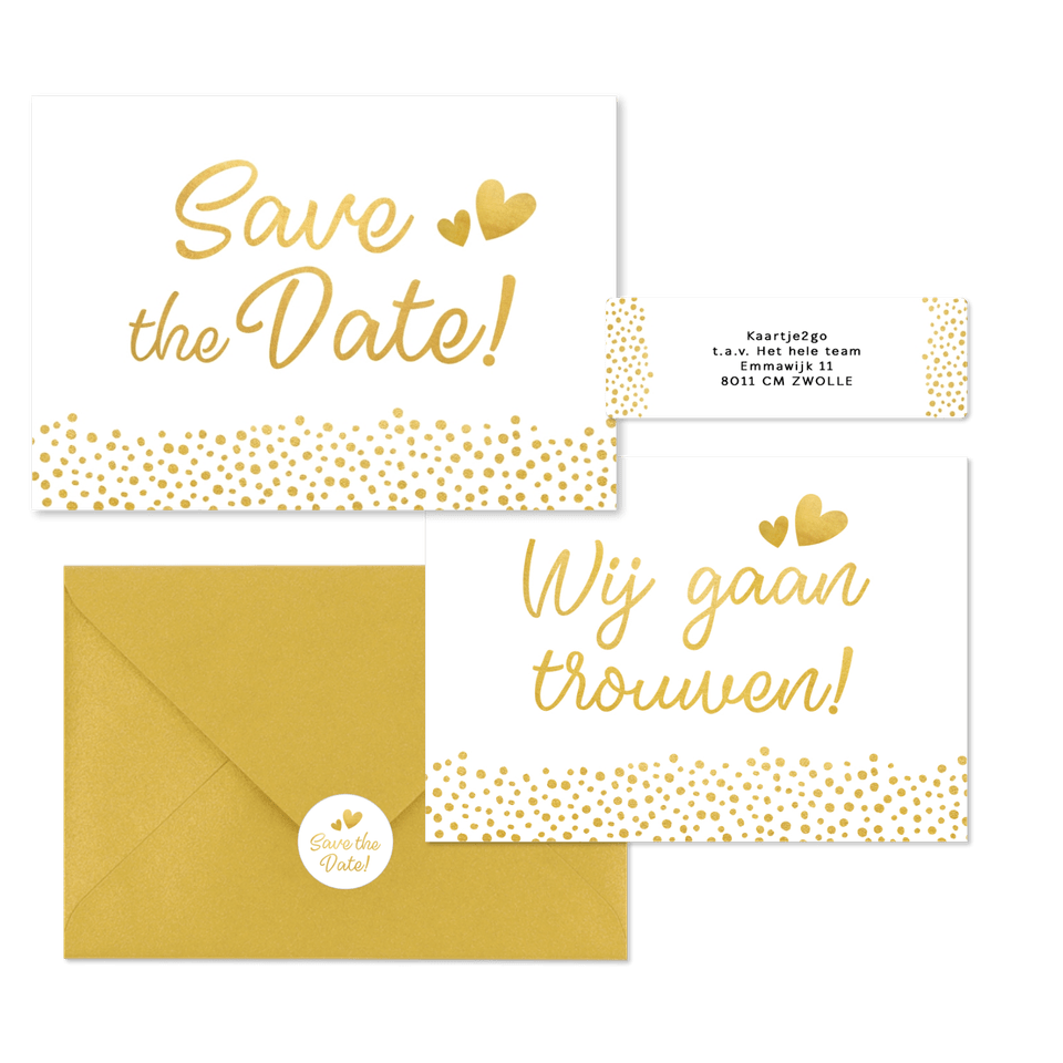 Witte trouwkaarten set met gouden stipjes