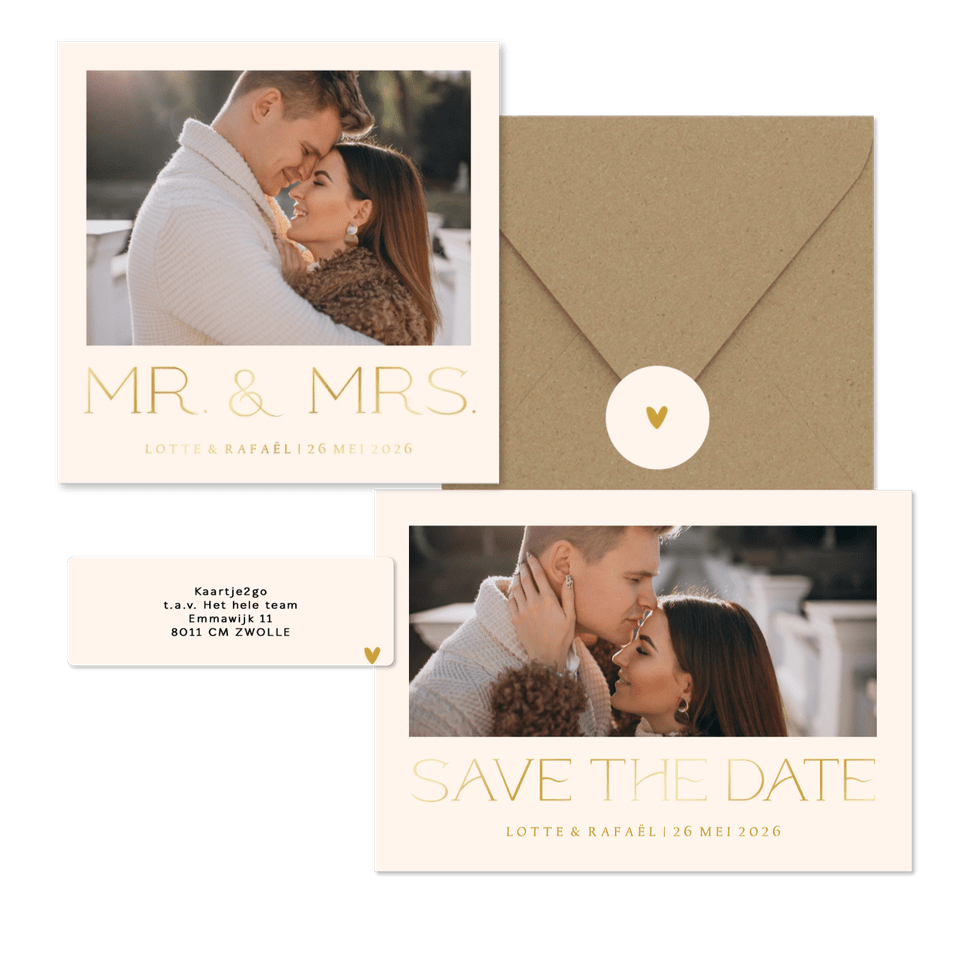 Simpele trouwset met foto en goudfolie