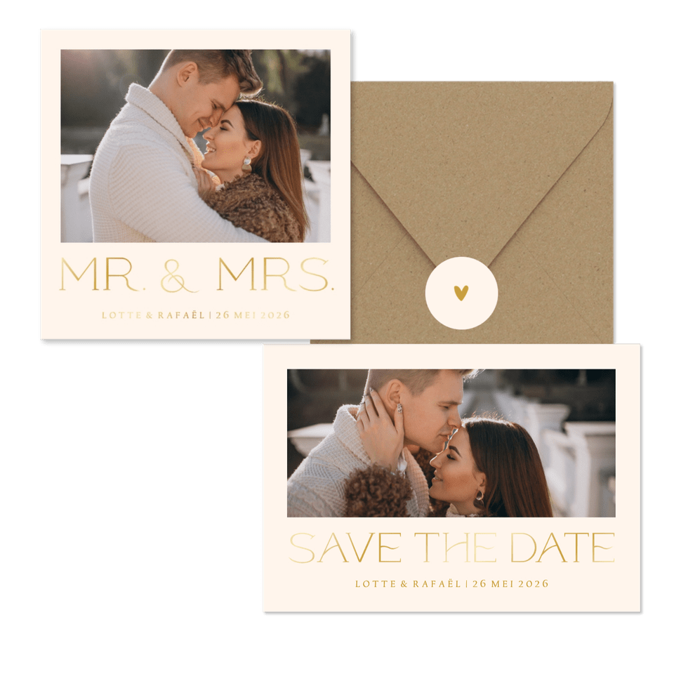 Simpele trouwset met foto en goudfolie