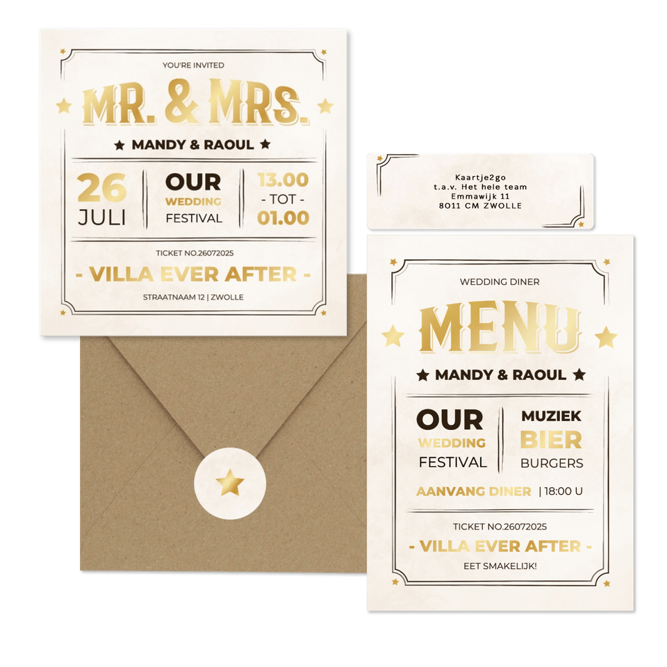 Moderne trouwset ticket vintage stijl met goud