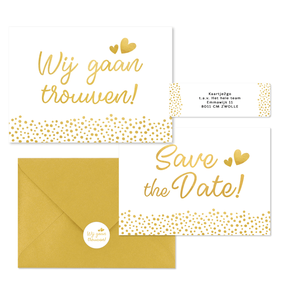 Witte trouwkaarten set met gouden stipjes 