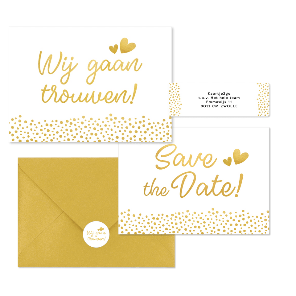 Witte trouwkaarten set met gouden stipjes 