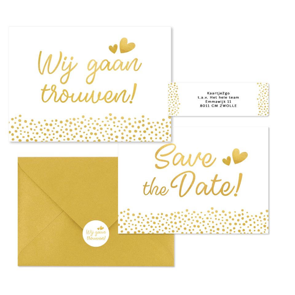 Witte trouwkaarten set met gouden stipjes