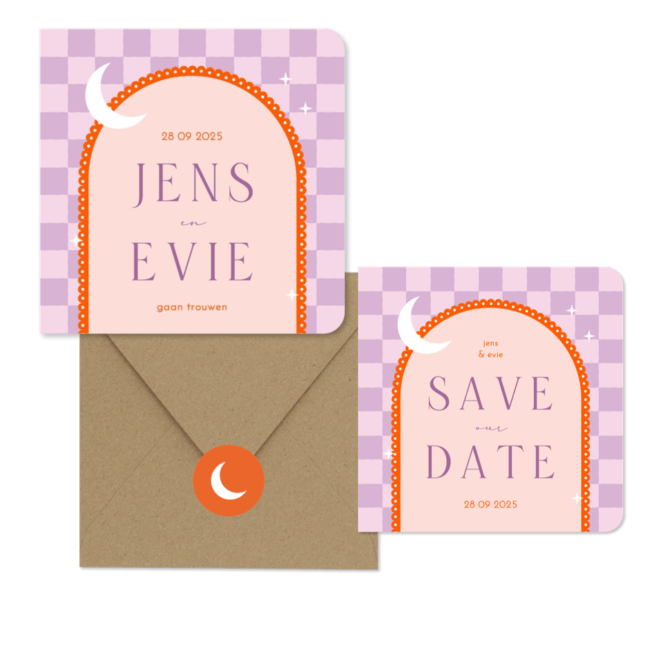 Moderne trouwset met lila ruitjes en oranje boog met maan
