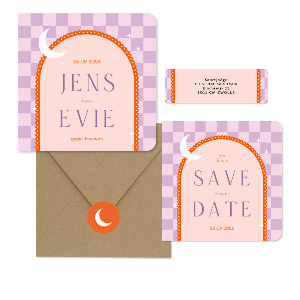 Moderne trouwset met lila ruitjes en oranje boog met maan