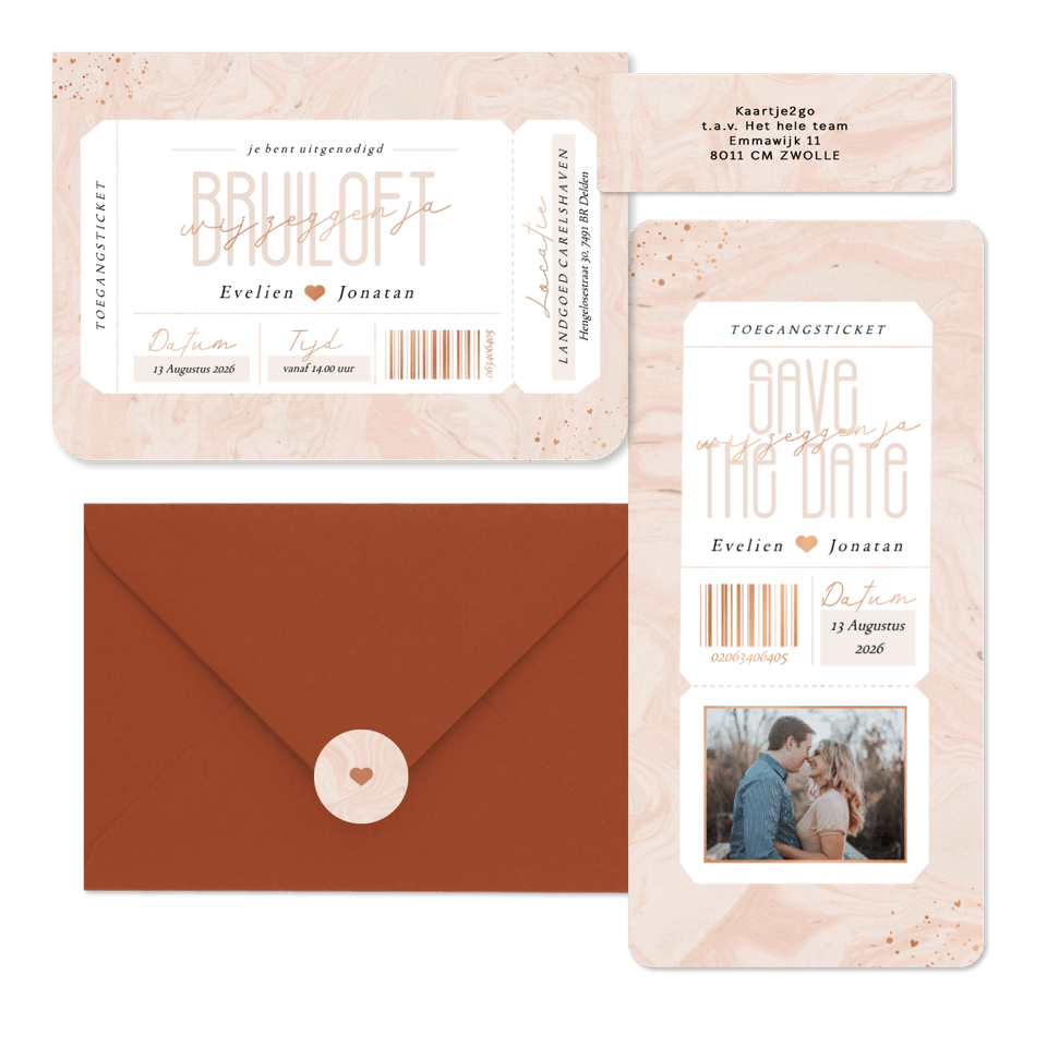 Trouwkaarten set met tickets op roze marmer