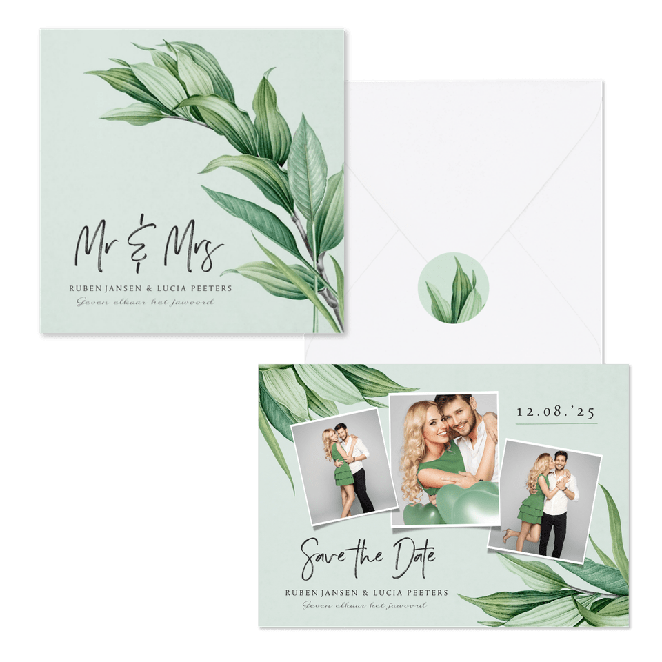 Botanische trouwset met groene bladeren