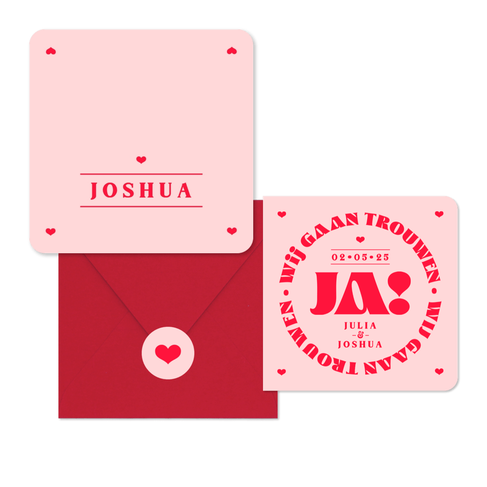 Trouwkaarten set modern typografisch romantisch hip roze rood