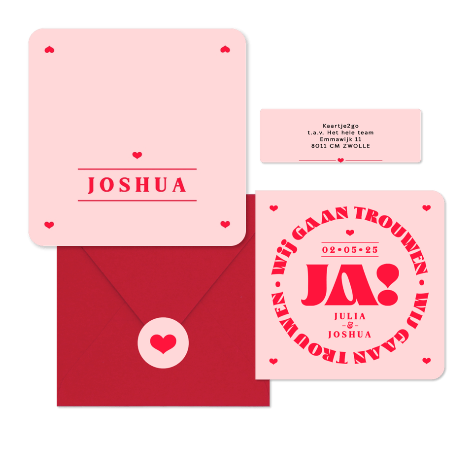 Trouwkaarten set modern typografisch romantisch hip roze rood