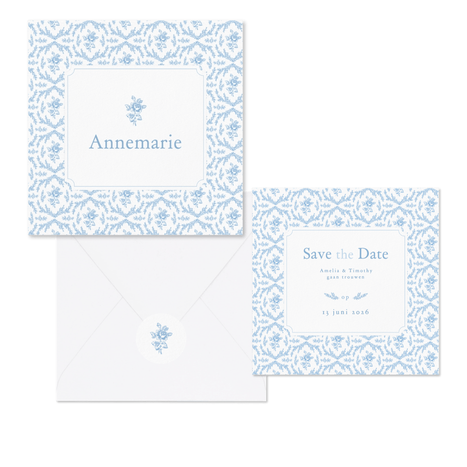 Romantische trouwkaartenset met lichtblauw roosjes patroon