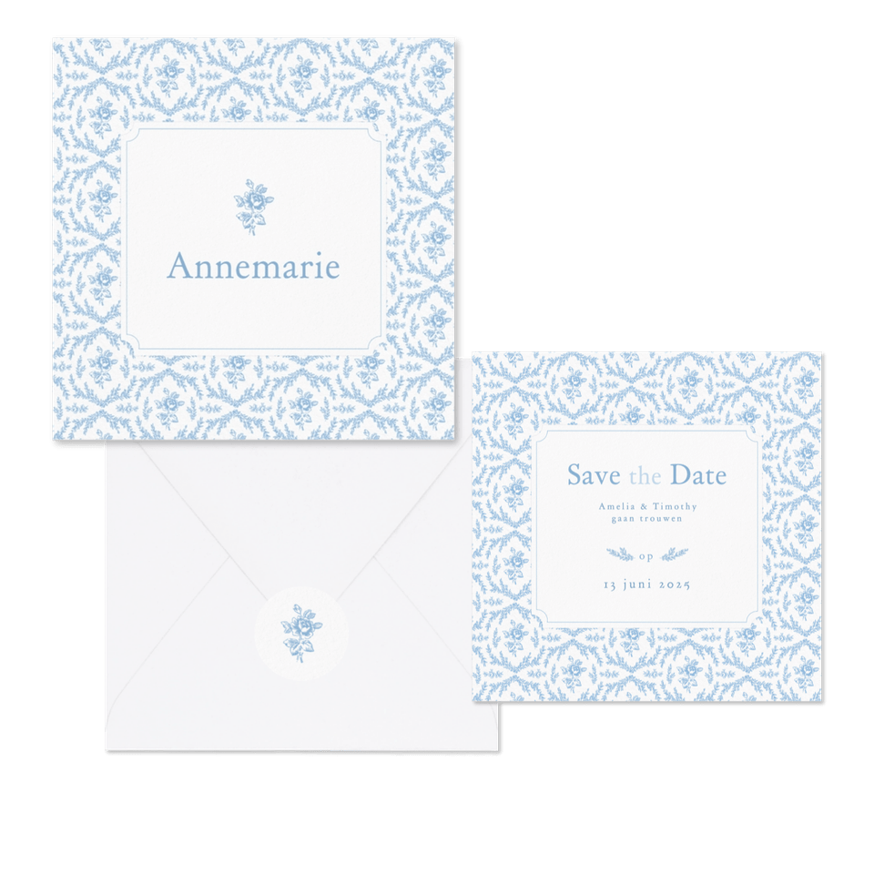 Romantische trouwkaartenset met lichtblauw roosjes patroon