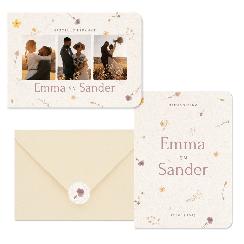 Natuurlijke trouwset met geperste bloemen en papier textuur