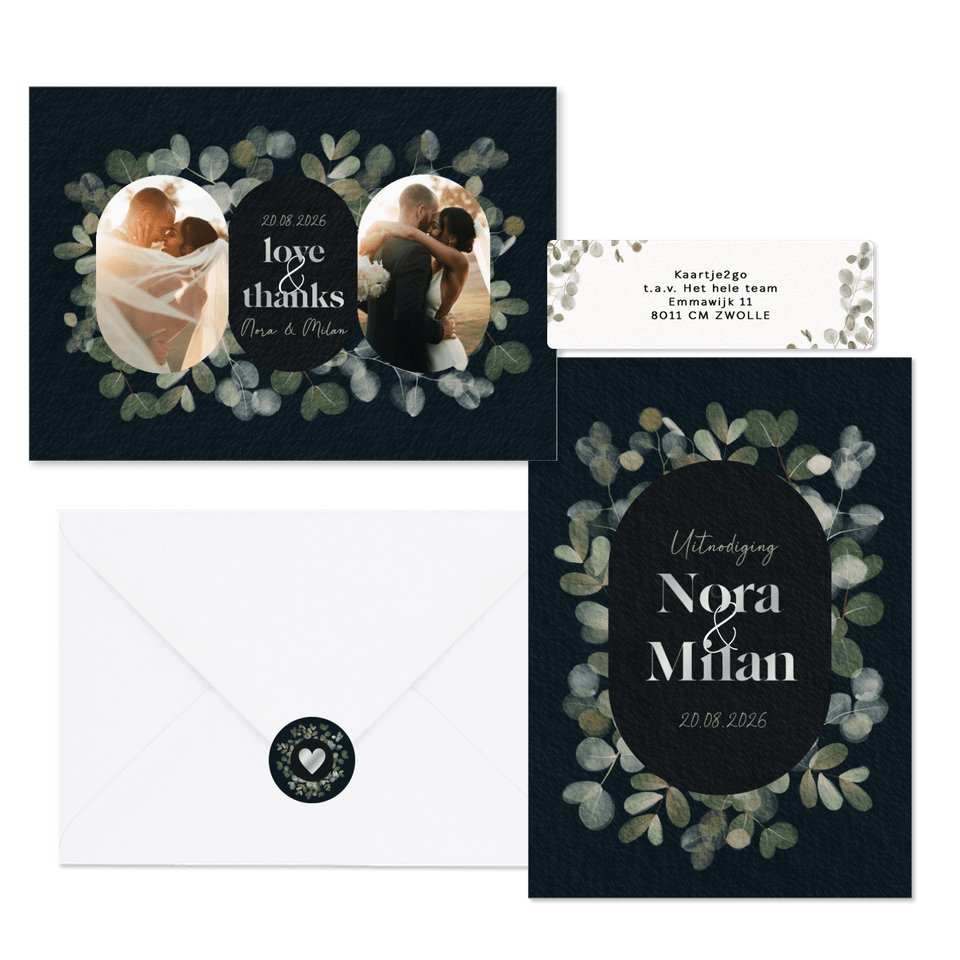 Trouwset waterverf eucalyptus donkerblauw