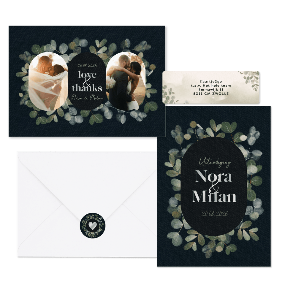 Trouwset waterverf eucalyptus donkerblauw