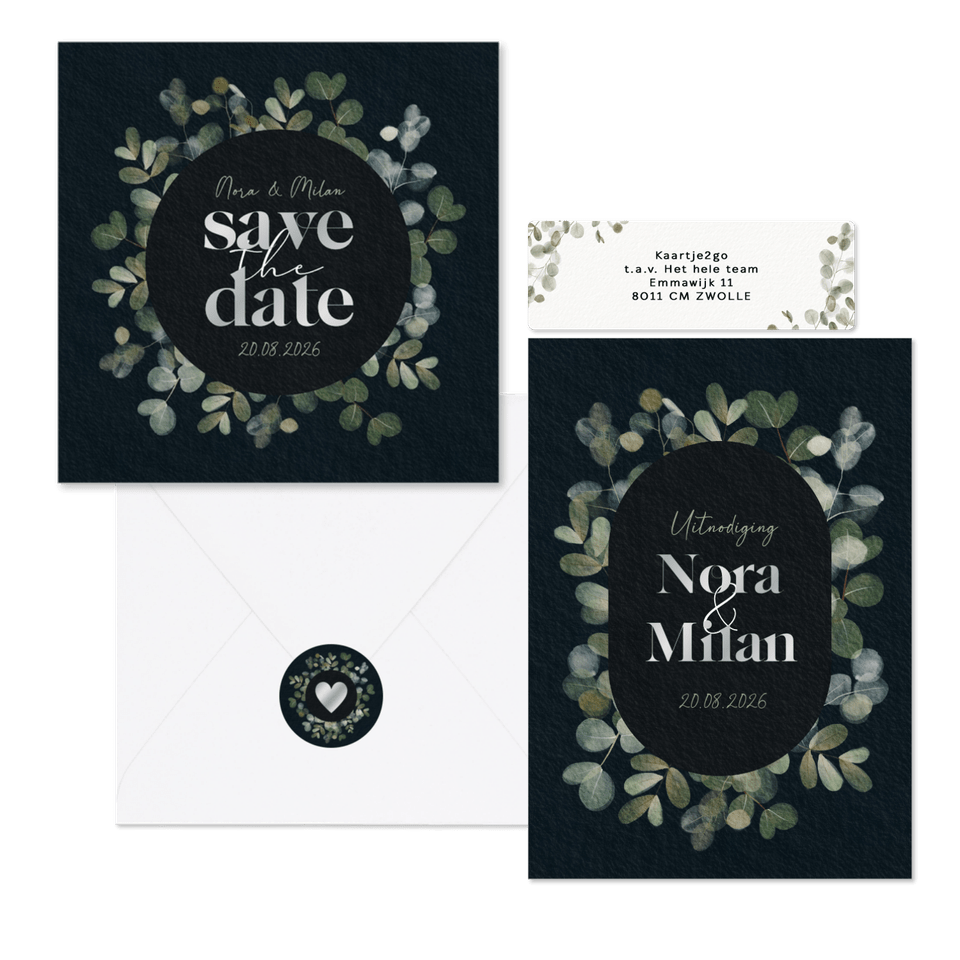 Trouwset waterverf eucalyptus donkerblauw