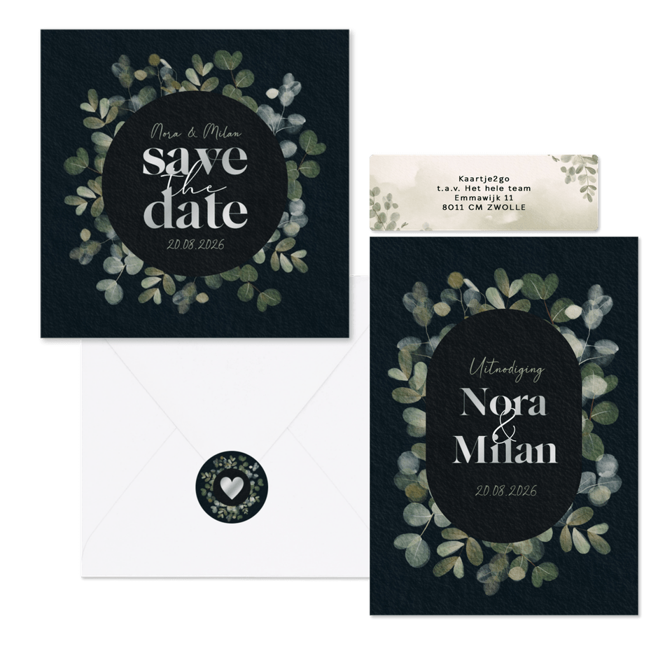 Trouwset waterverf eucalyptus donkerblauw