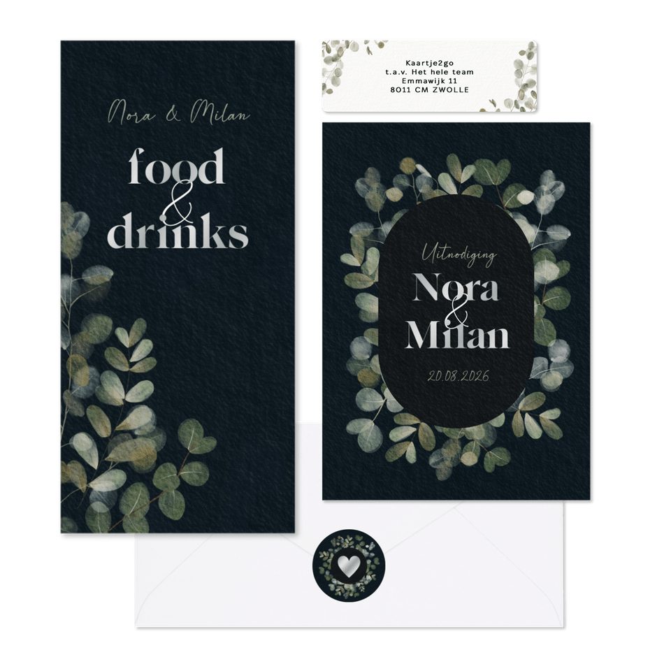 Trouwset waterverf eucalyptus donkerblauw