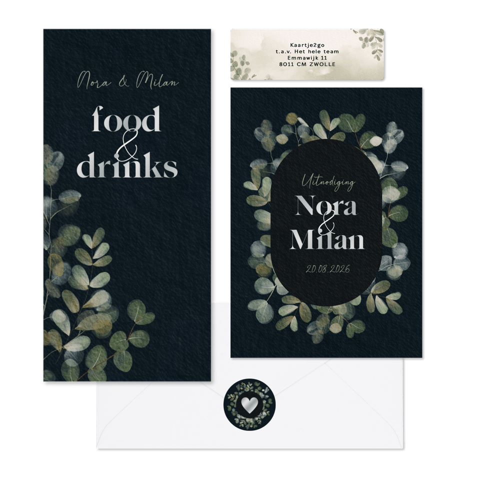 Trouwset waterverf eucalyptus donkerblauw